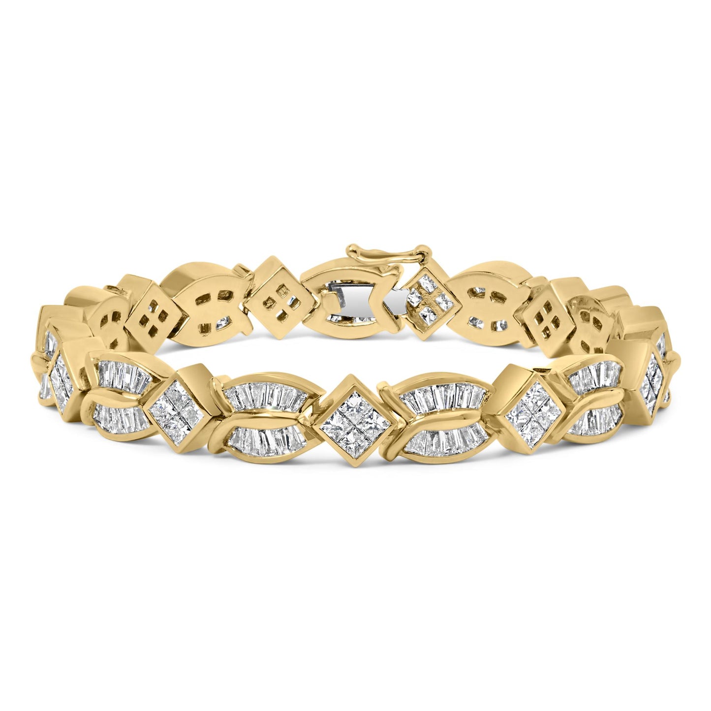 Yellow metal bracelet with alternating square and curved links, set with white princess-shaped gemstones in invisible settings and white baguette-shaped gemstones in channel settings, shown from a front angled view.