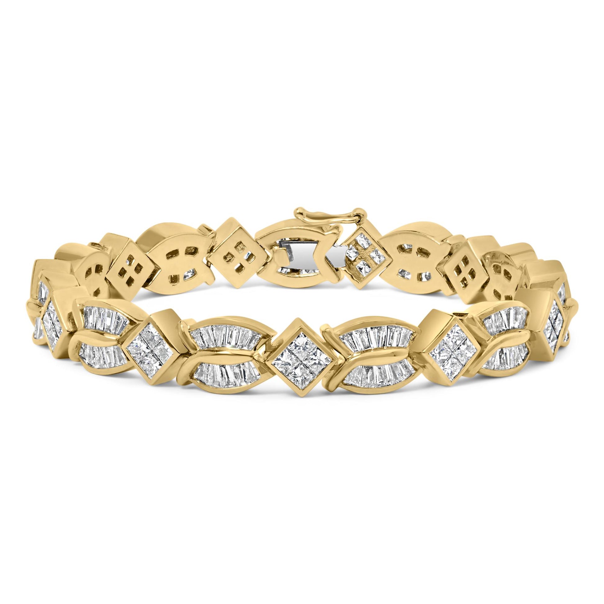 Yellow metal bracelet with alternating square and curved links, set with white princess-shaped gemstones in invisible settings and white baguette-shaped gemstones in channel settings, shown from a front angled view.