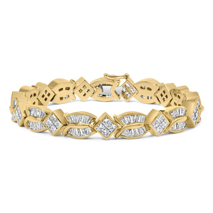 Yellow metal bracelet with alternating square and curved links, set with white princess-shaped gemstones in invisible settings and white baguette-shaped gemstones in channel settings, shown from a front angled view.