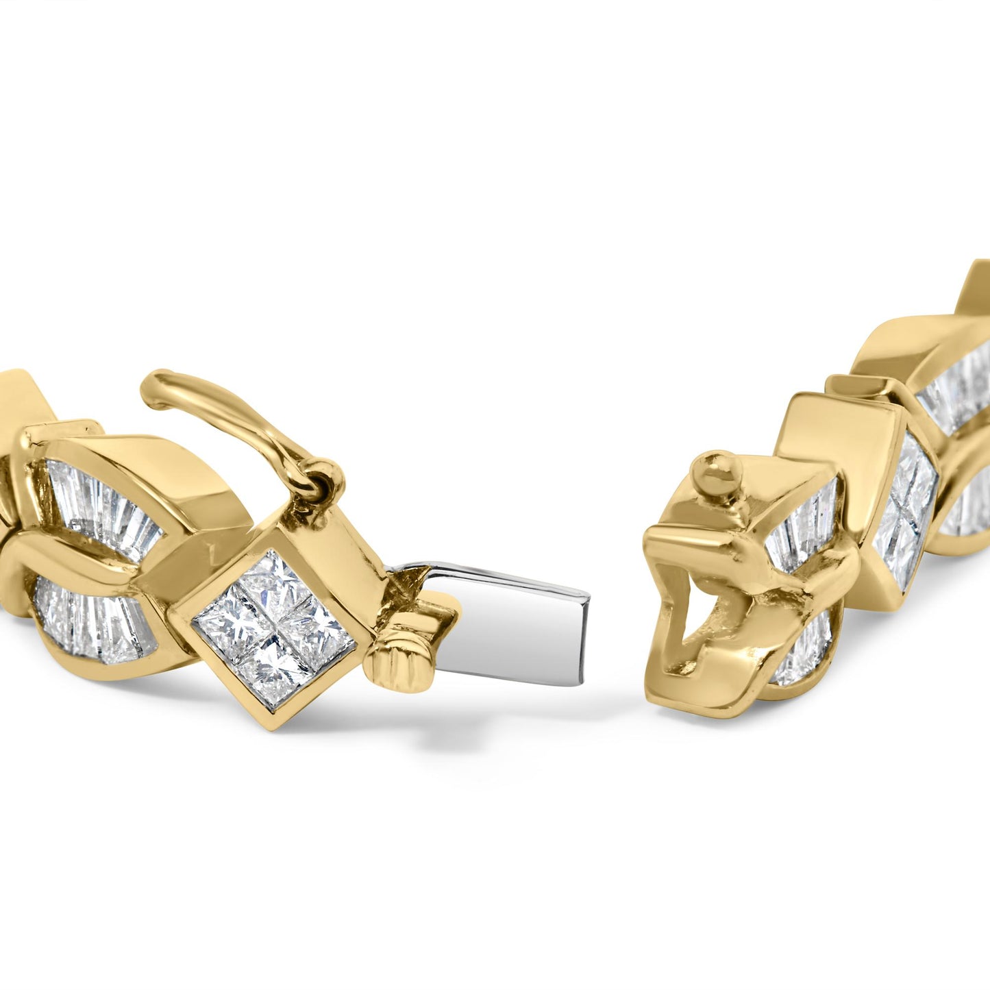 Close-up angled view of a yellow bracelet featuring square sections set with white princess-shaped gemstones and curved sections set with white baguette-shaped gemstones, shown open on a white background.