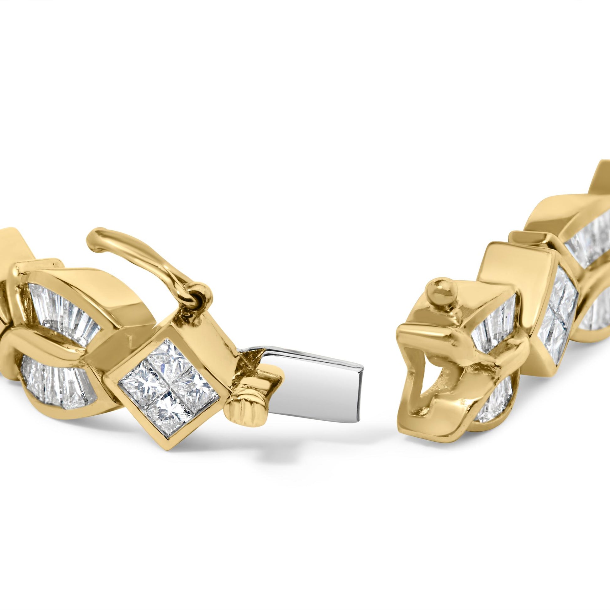 Close-up angled view of a yellow bracelet featuring square sections set with white princess-shaped gemstones and curved sections set with white baguette-shaped gemstones, shown open on a white background.