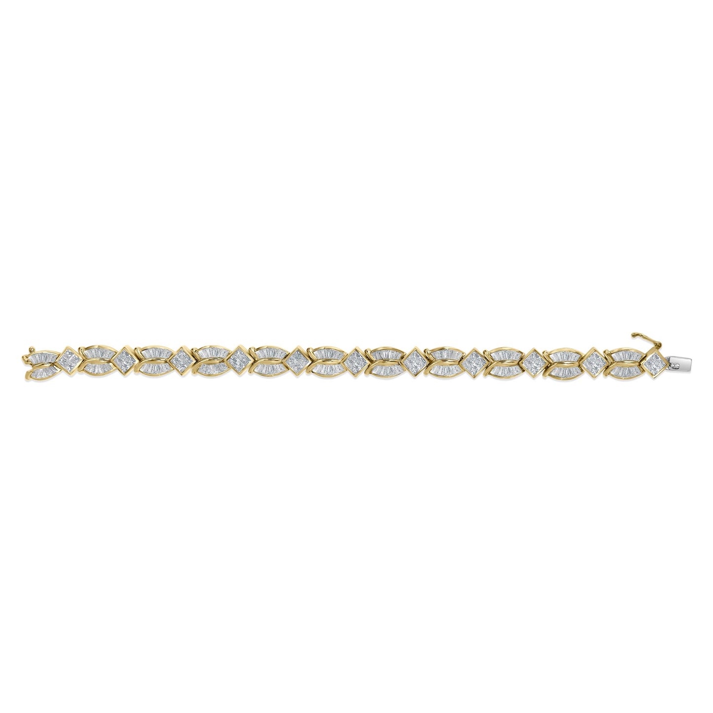 Top-down view of a yellow bracelet featuring alternating princess-shaped white gemstones in invisible settings and baguette-shaped white gemstones in channel settings.