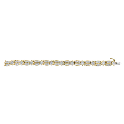 Top-down view of a yellow bracelet featuring alternating princess-shaped white gemstones in invisible settings and baguette-shaped white gemstones in channel settings.