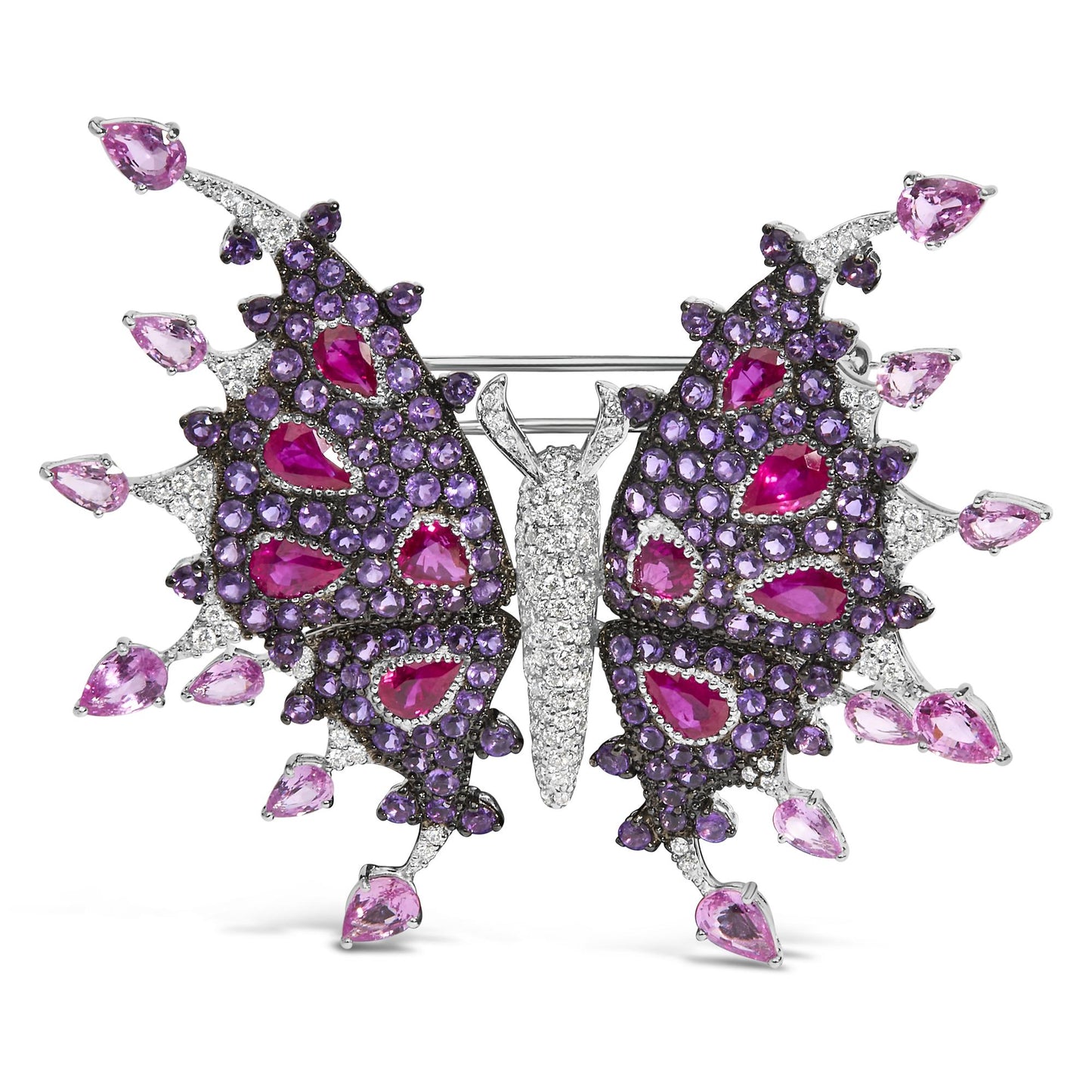 Front-facing butterfly brooch with white metal base, adorned with red pear-shaped gemstones, purple round pave-set gemstones, pink pear-shaped gemstones in prong settings, and white round pave-set gemstones.