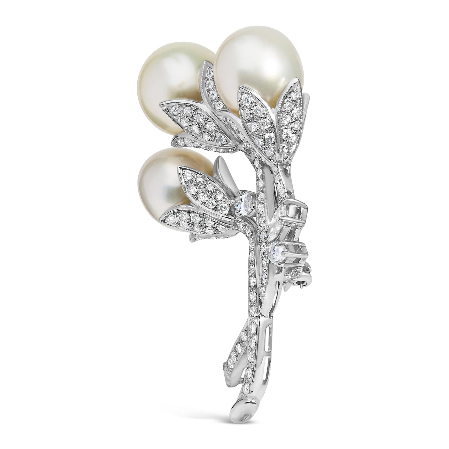 White metal brooch shaped like a floral bouquet with three round white gemstones and multiple small white gemstones in pave setting, shown from a slightly angled front view.