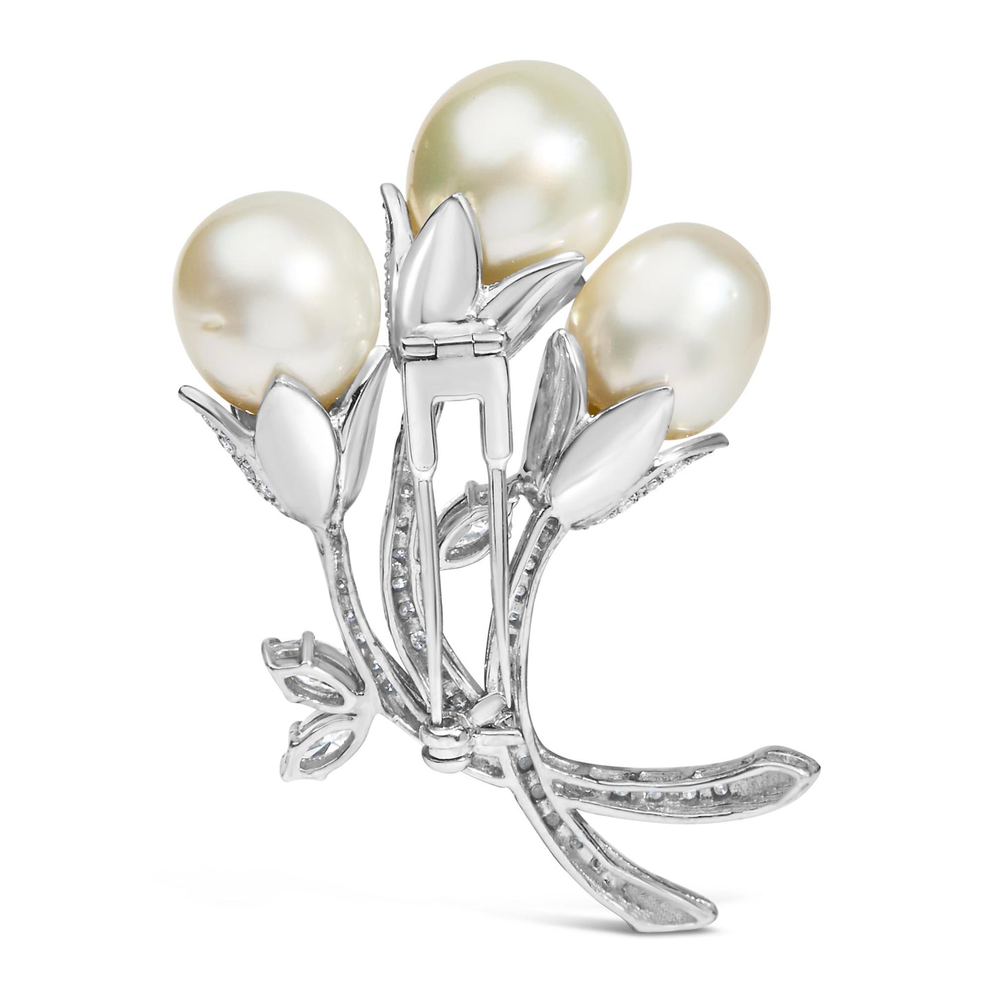 Back view of white metal floral brooch with three round white gemstones and pavé-set small white gemstones along stems and leaves.
