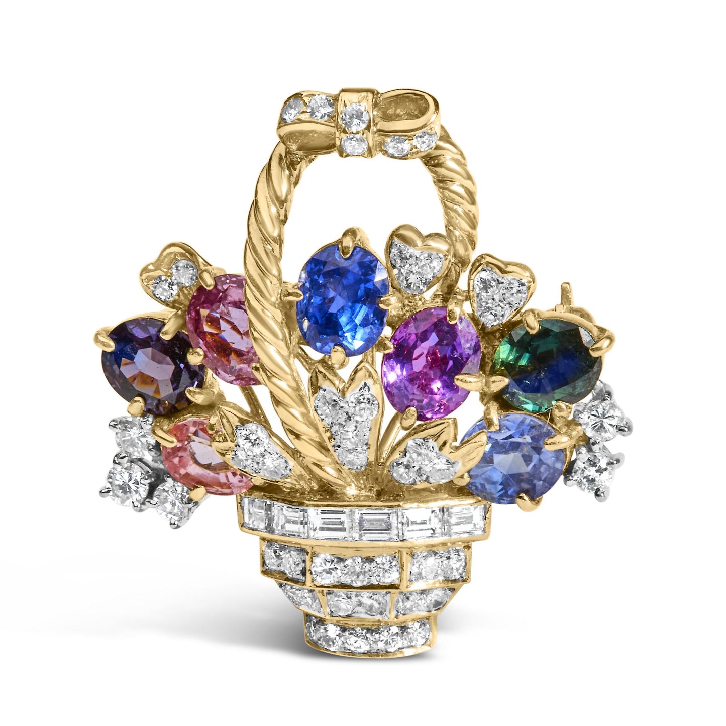 Front angle shot of a yellow metal basket brooch adorned with round white gemstones, baguette-shaped white gemstones in a channel setting on the basket rim, and colorful oval and pear-shaped blue and purple gemstones in prong settings arranged like flowers.