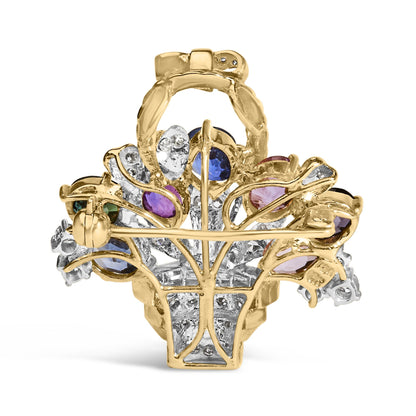 Back view of a yellow metal brooch with blue and purple gemstones and white gemstones in baguette and round shapes, shown against a white background.