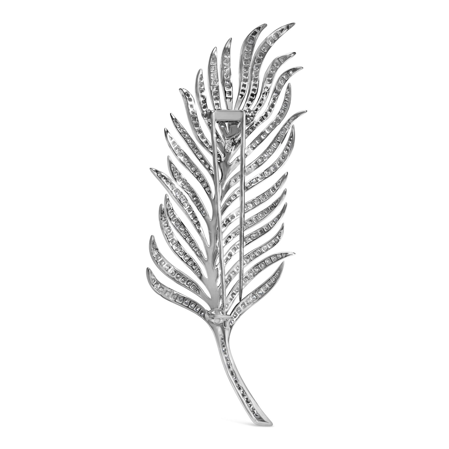 Back view of a white metal brooch shaped like a feather with round white gemstones in a pave setting, shown at a slight angle.