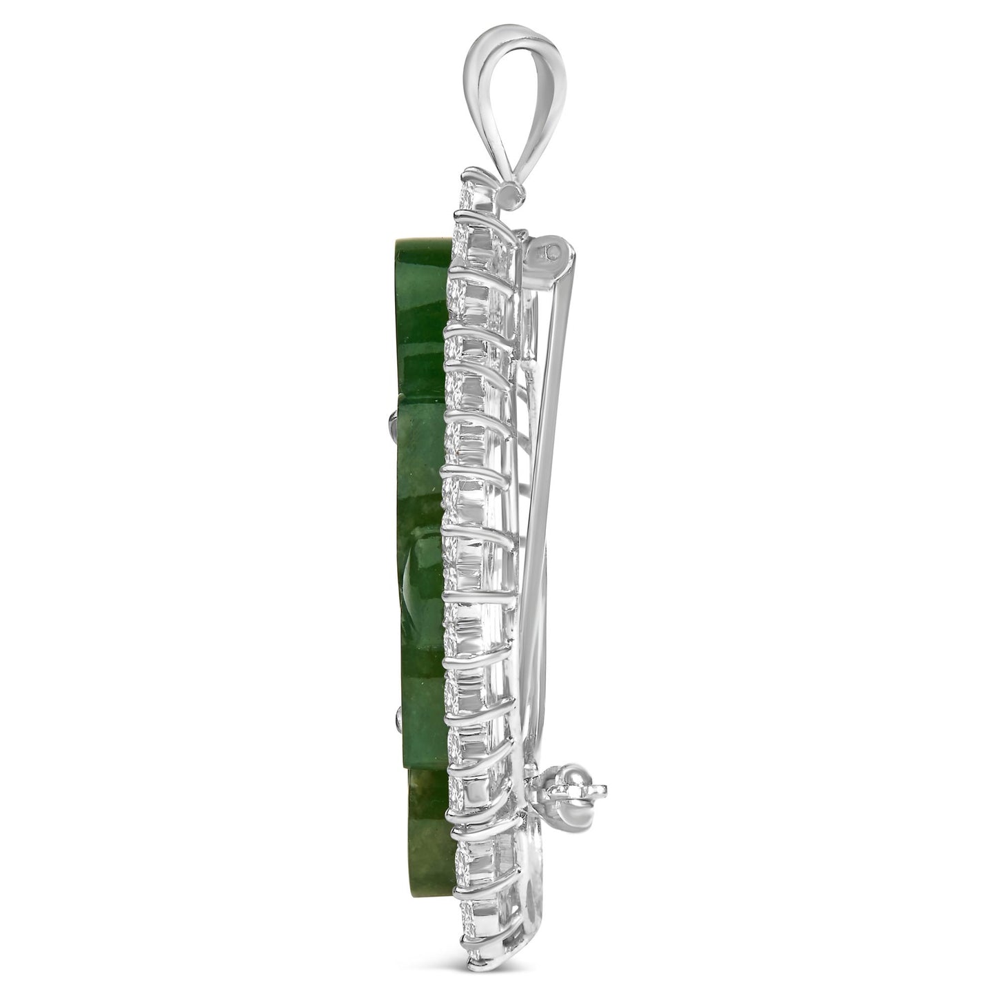 Side view of a white metal brooch with round white gemstones in prong settings and a green fantasy-shaped gemstone in a prong setting.