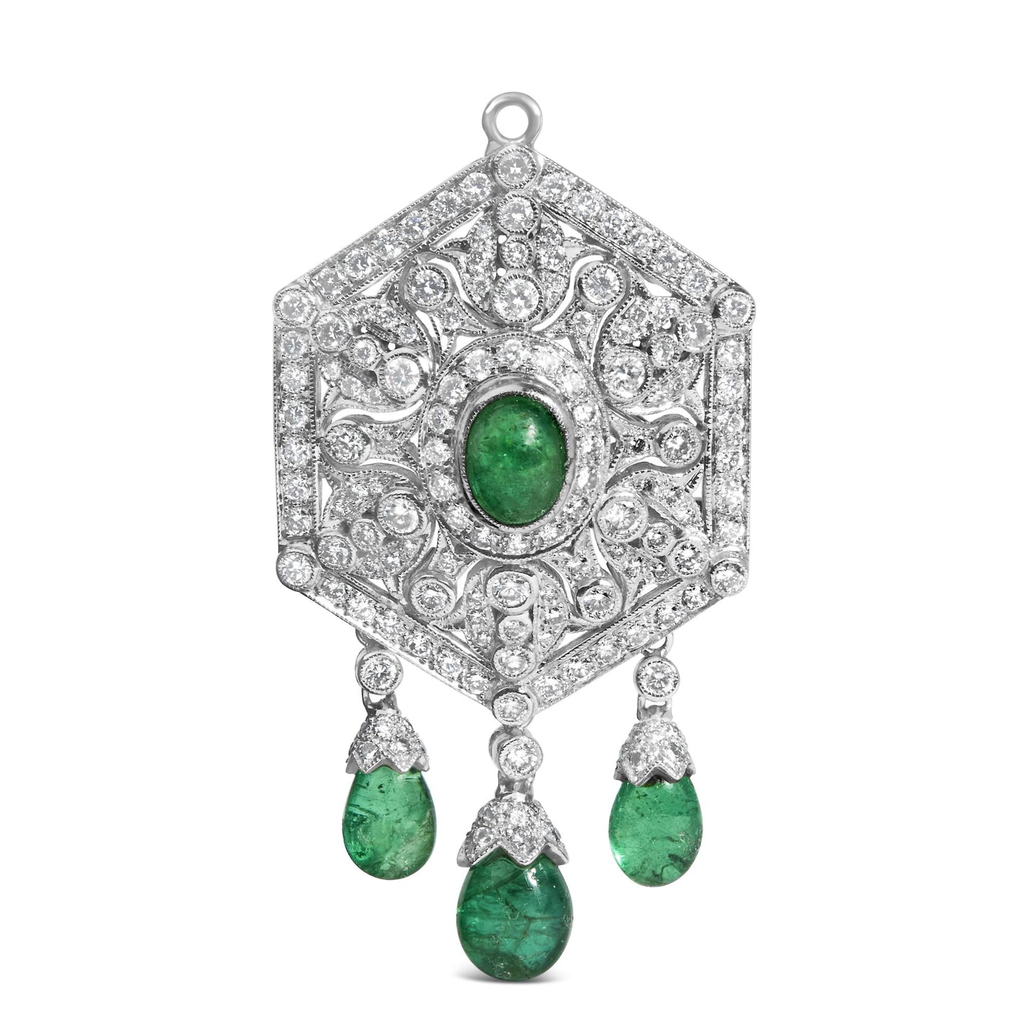 Front view of a white metal hexagonal brooch featuring a central oval green gemstone surrounded by round white gemstones in pave setting, with intricate scrollwork and three dangling teardrop-shaped green gemstones below.