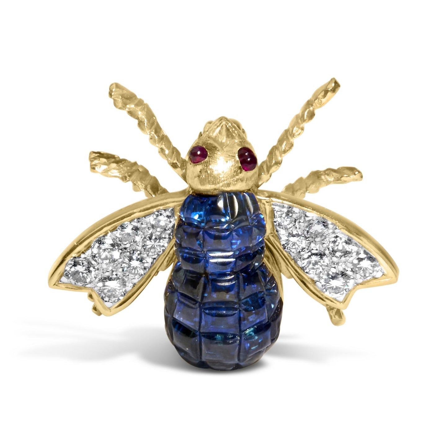 Front angle view of a yellow metal bee-shaped brooch with red gemstones as eyes, blue gemstones on the body, and white gemstones on the wings.