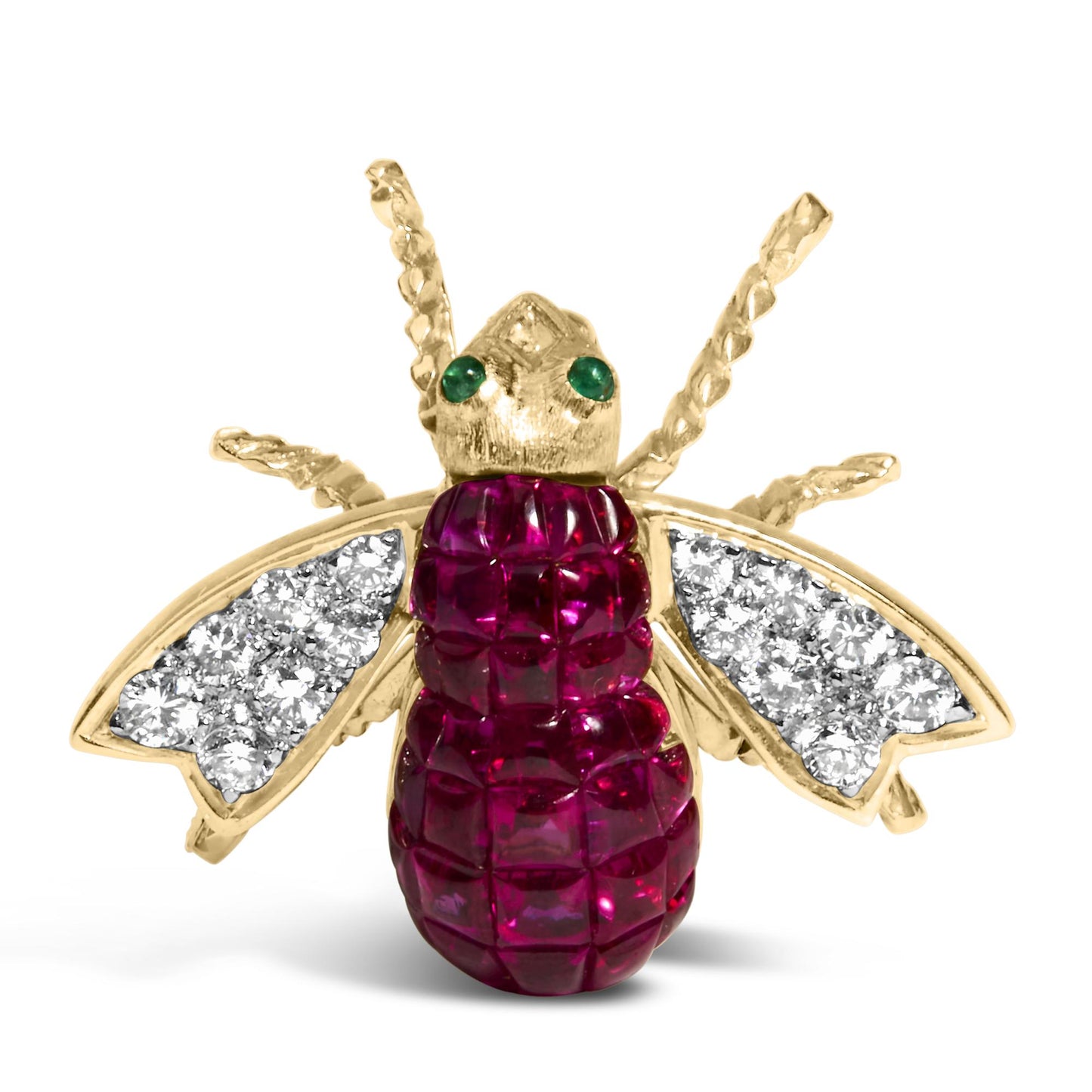 Front view of a yellow metal bee-shaped brooch with red gemstones forming the body, white gemstones in pave setting on the wings, and green gemstones bezel set as eyes.