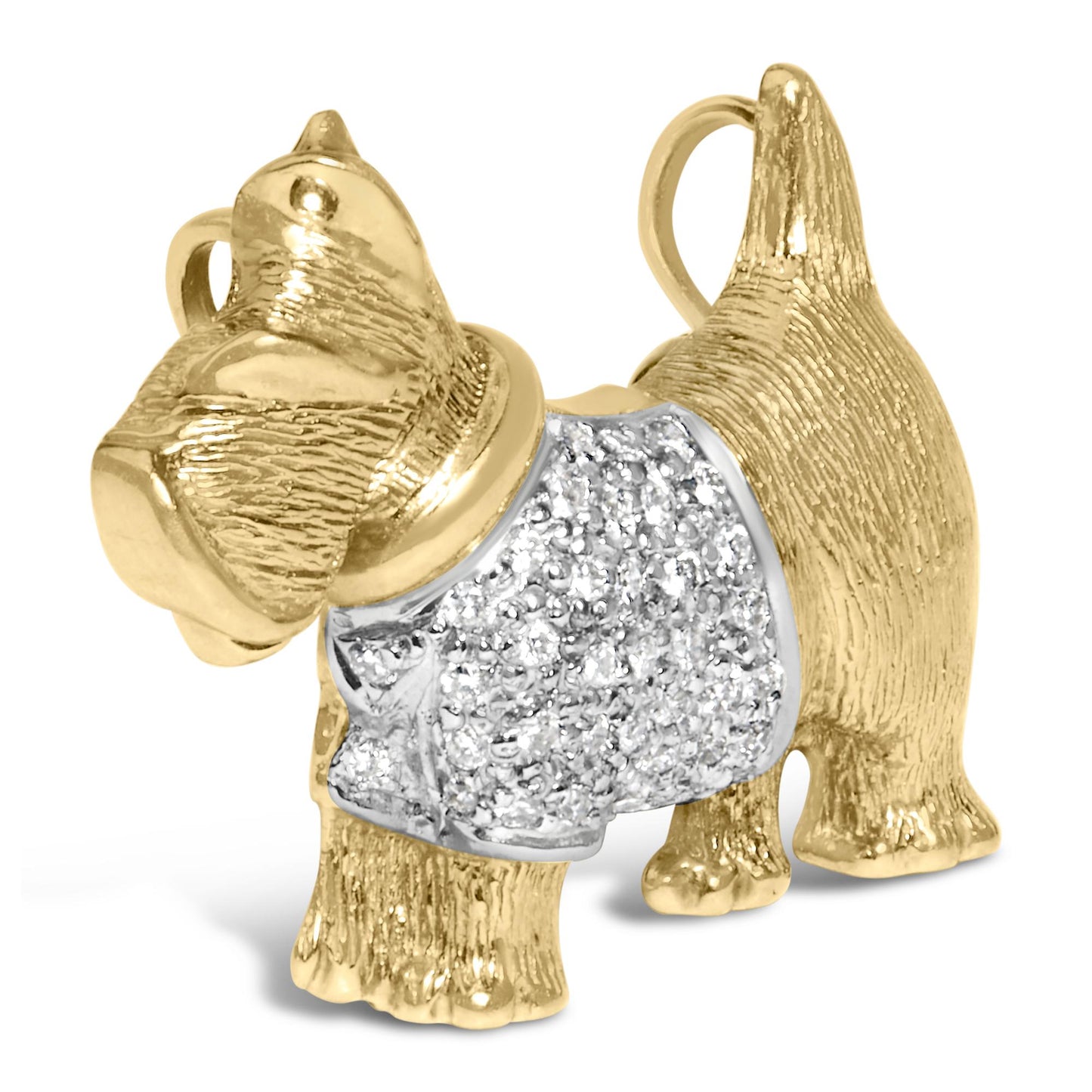 Brooch shaped like a small dog standing, front side view angled showing textured yellow metal with a pave setting of white round gemstones on the body.