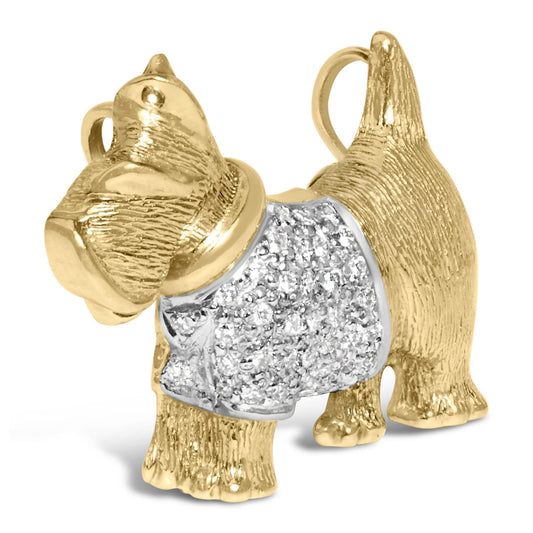 Brooch shaped like a small dog standing, front side view angled showing textured yellow metal with a pave setting of white round gemstones on the body.