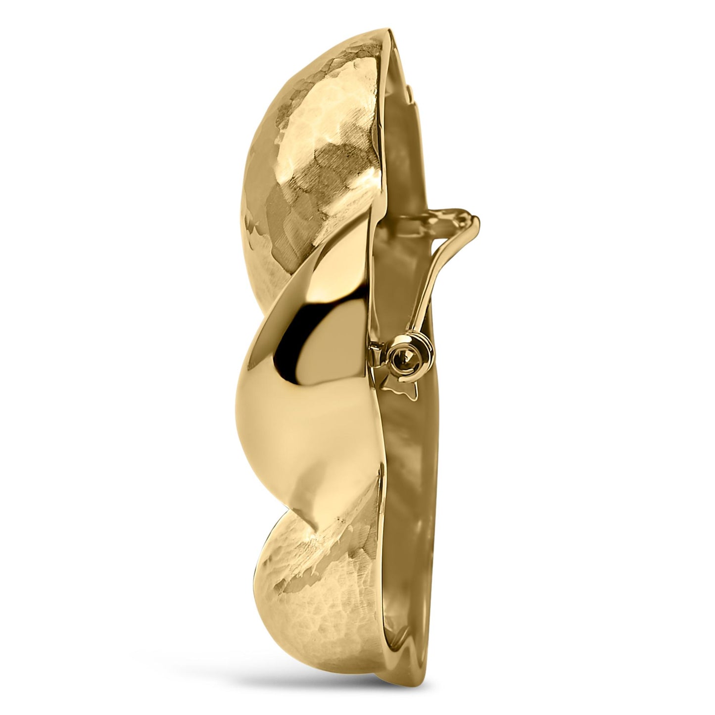 Side view of a yellow metal brooch with a curved, textured surface shown against a white background.