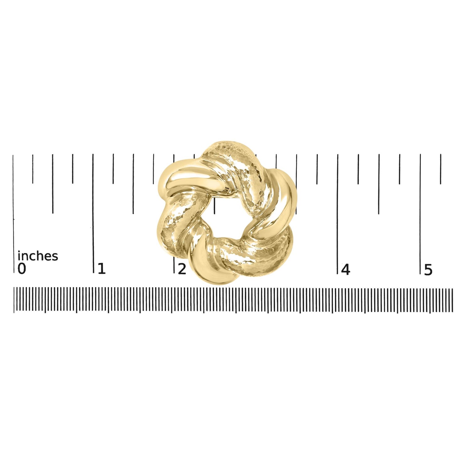 Yellow metal brooch with intertwined twisted loops and textured detail, shown from a top-down view on a scale.