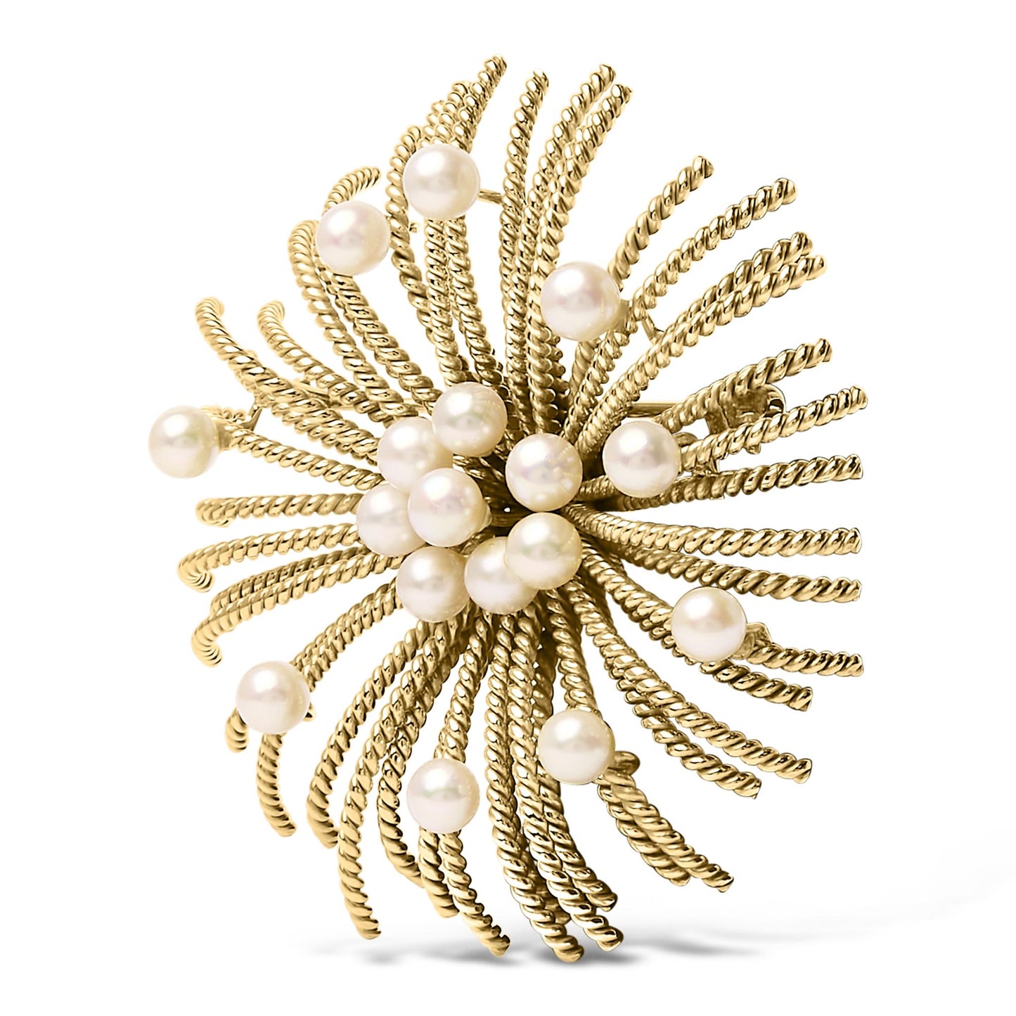 Close-up front angle of a yellow metal brooch with twisted wires radiating outward, adorned with multiple white round gemstones.