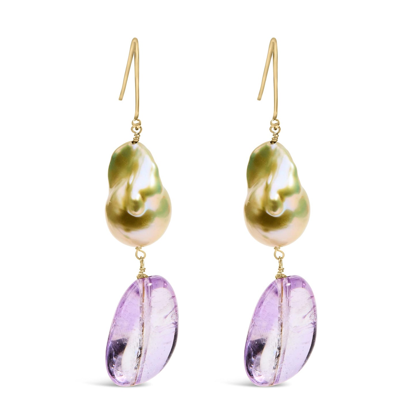 Front view of yellow metal dangle earrings with irregularly shaped top pieces and purple drilled gemstone drops.