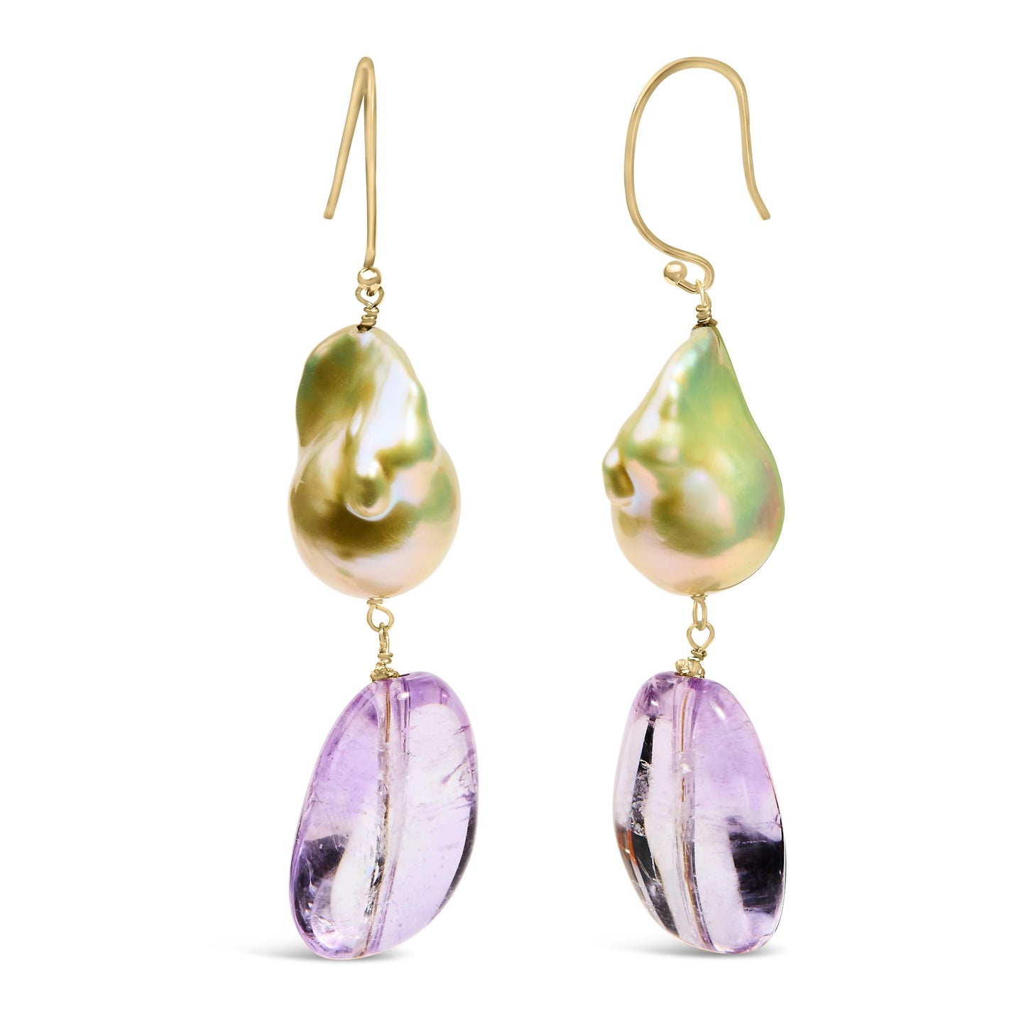 Front-facing view of yellow metal earrings with irregular shaped pearls and dangling purple gemstones in drilled settings.