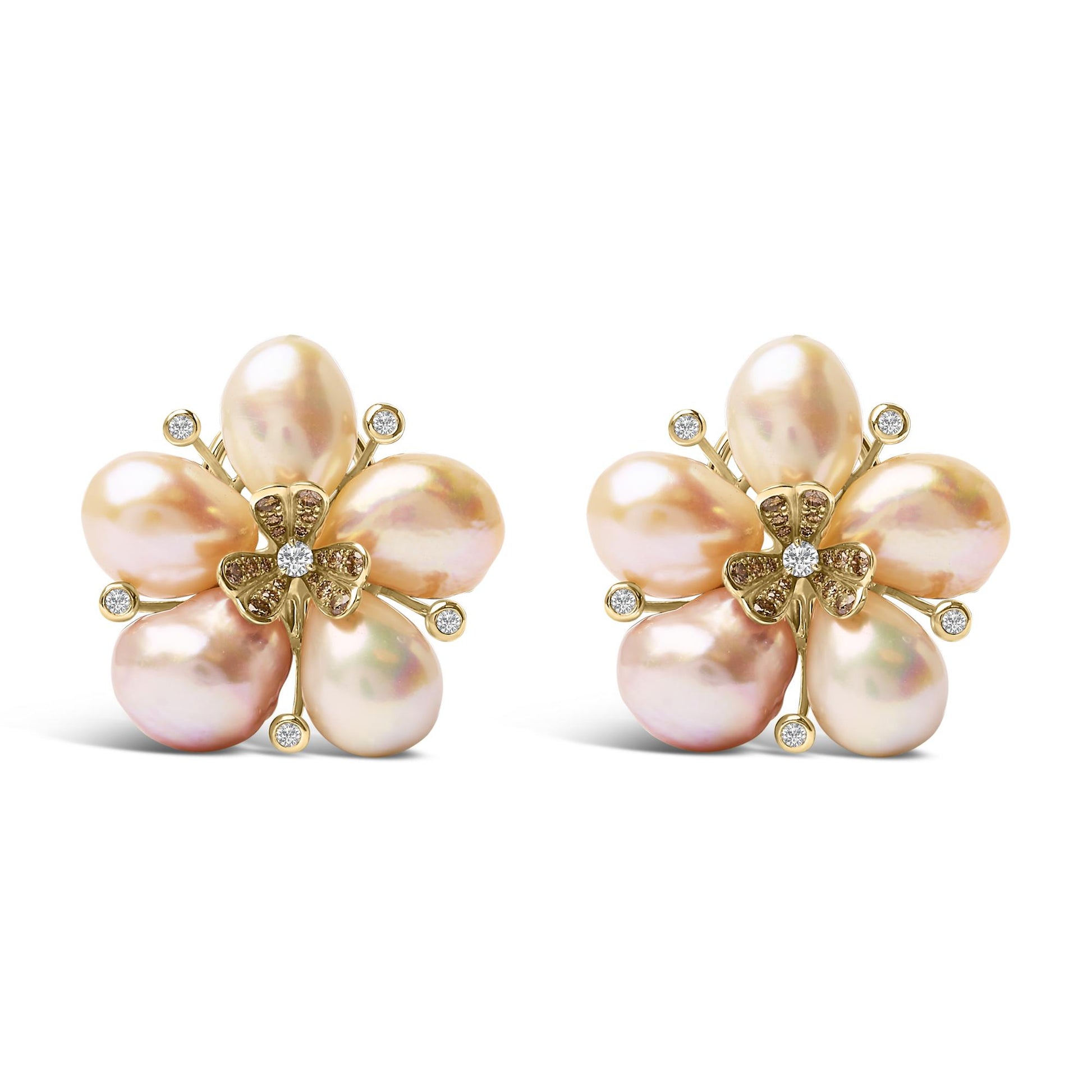 Close-up front view of a pair of rose-colored metal earrings shaped like flowers with five petal-like elements that have a soft pink sheen, accented by small round white gemstones at petal tips and a central cluster of round white and champagne-colored gemstones in various prong and pave settings.