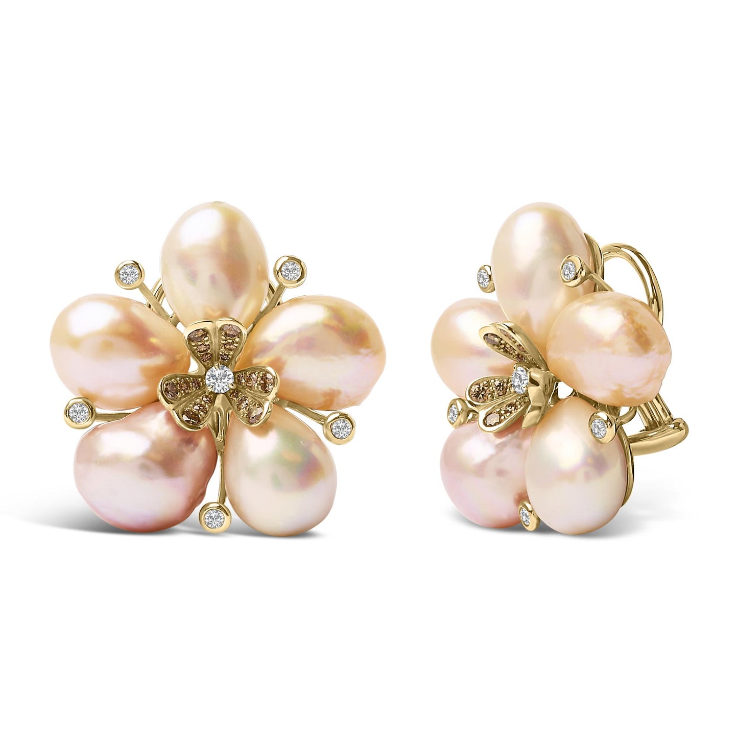 Front and side view of a pair of rose-colored metal earrings shaped like flowers with five pearl-like petals, accented with white and champagne round gemstones in prong and pave settings.