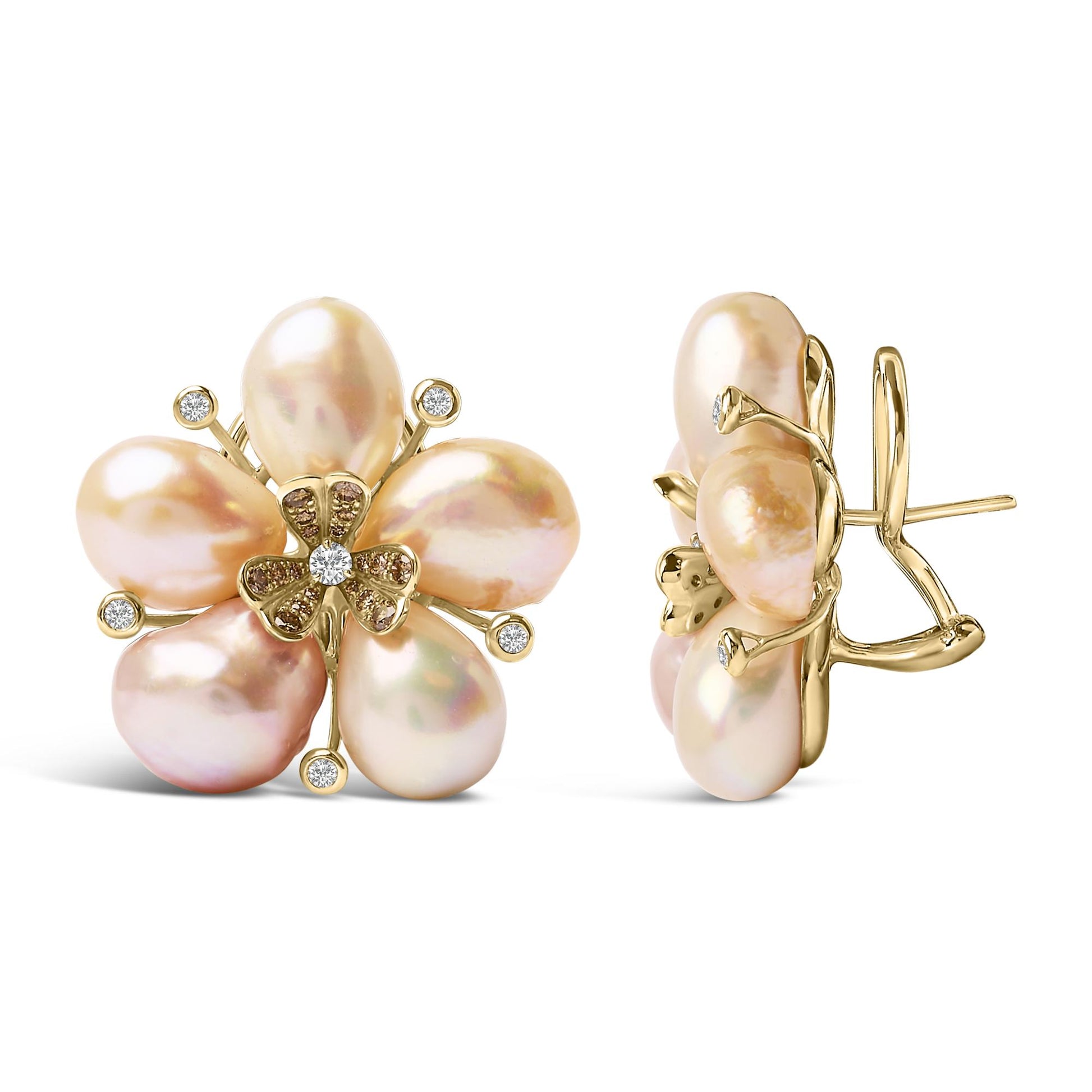 Close-up front and side view of rose metal flower-shaped earrings with large pink pearl petals, small white gemstones on prong stems, a cluster of champagne gemstones in the flower center, and two white gemstones in the flower core.