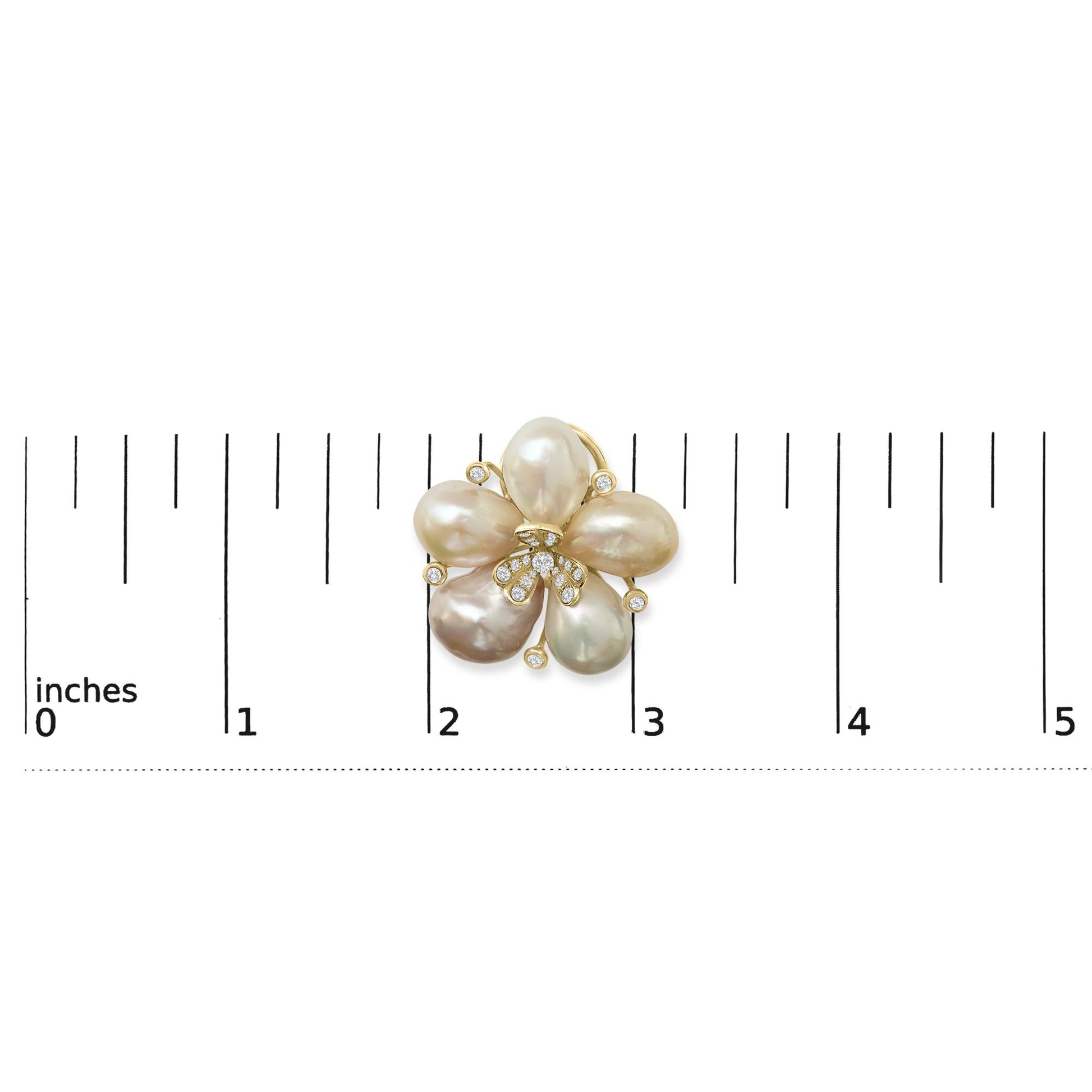 Rose metal flower-shaped earring with five petal-like elements, white and champagne round gemstones in prong and pave settings, shown on a ruler scale from a top-down angle.