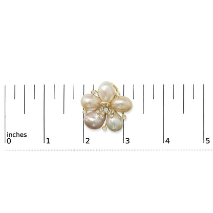 Rose metal flower-shaped earring with five petal-like elements, white and champagne round gemstones in prong and pave settings, shown on a ruler scale from a top-down angle.