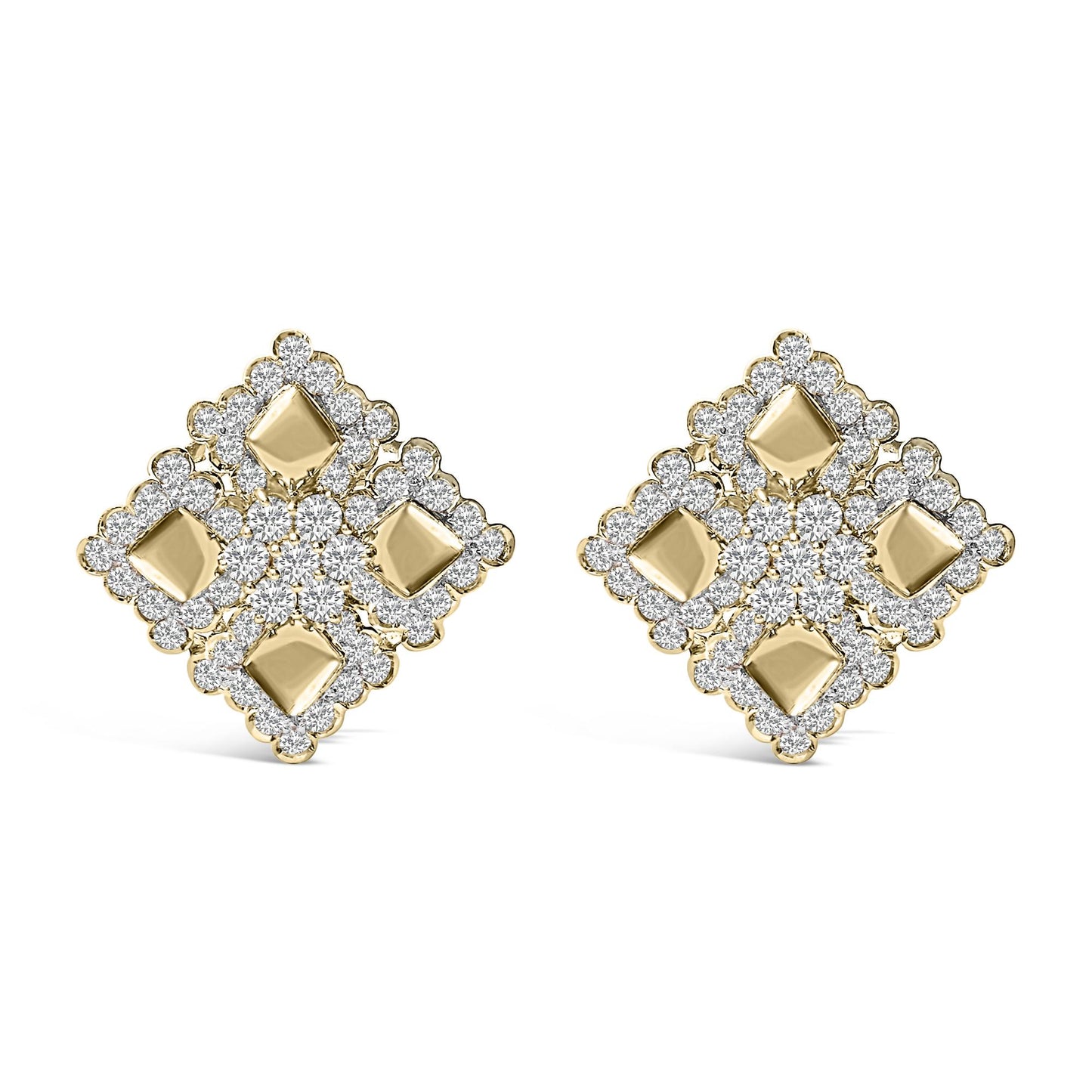 Front view of a pair of yellow metal earrings shaped like four connected diamonds, each surrounded by small round white gemstones in prong settings.