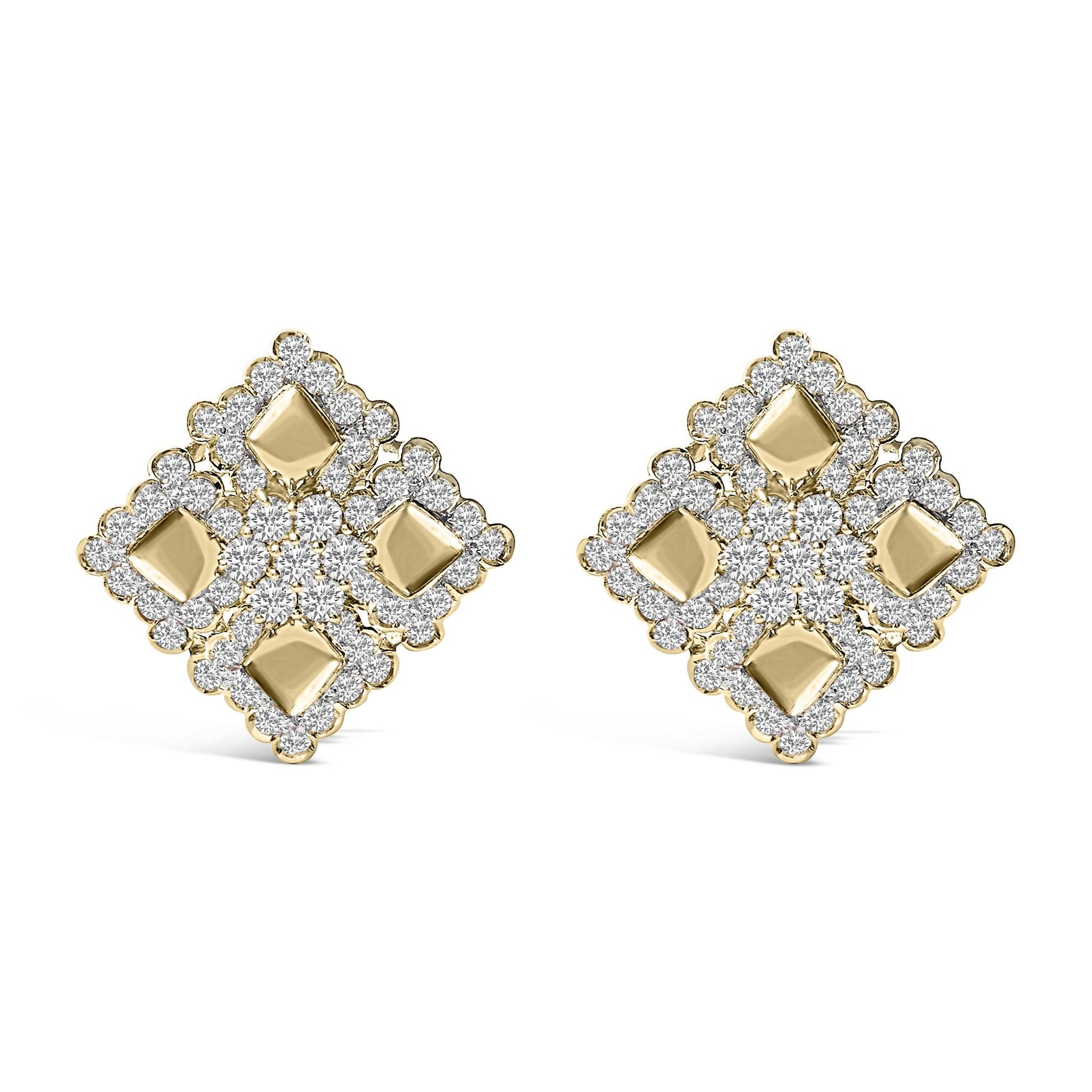 Front view of a pair of yellow metal earrings shaped like four connected diamonds, each surrounded by small round white gemstones in prong settings.