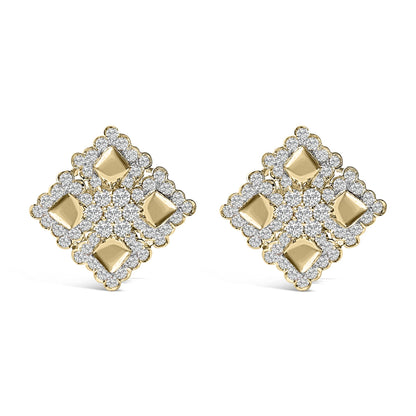 Front view of a pair of yellow metal earrings shaped like four connected diamonds, each surrounded by small round white gemstones in prong settings.