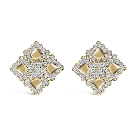 Front view of a pair of yellow metal earrings shaped like four connected diamonds, each surrounded by small round white gemstones in prong settings.