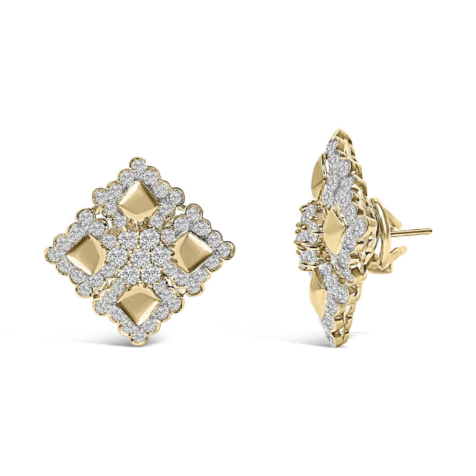Front and side view of yellow metal earrings with a diamond-shaped design, featuring multiple round white gemstones in prong settings outlining the shape.