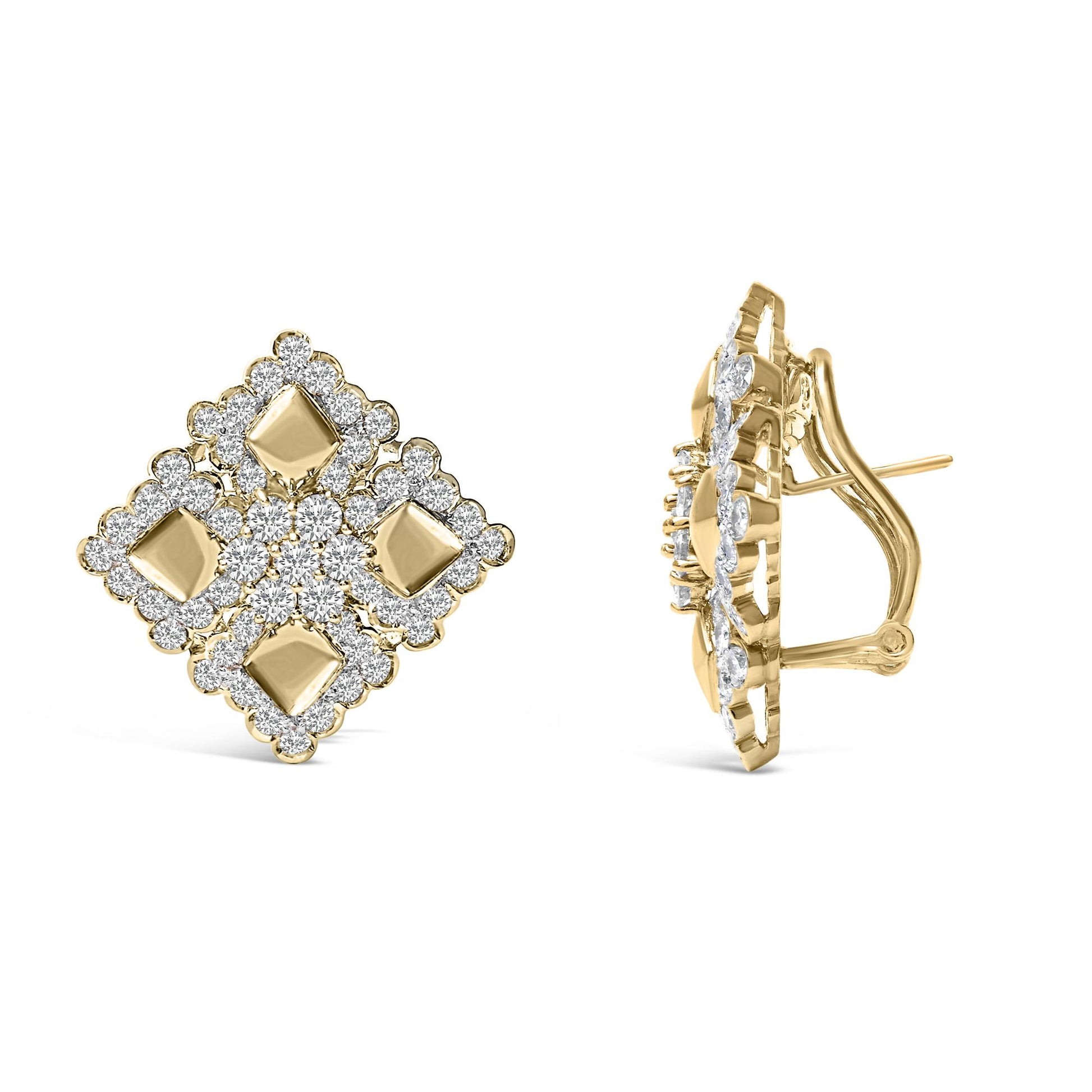Front and side angled view of yellow metal square-shaped earrings with round white gemstones in prong settings forming a decorative pattern.