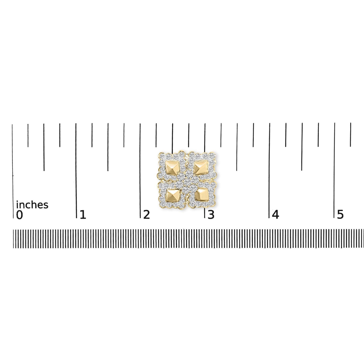 Close-up front angle of yellow metal earrings with a square shape composed of four smaller squares, each accented with prong-set round white gemstones, shown on a scale.