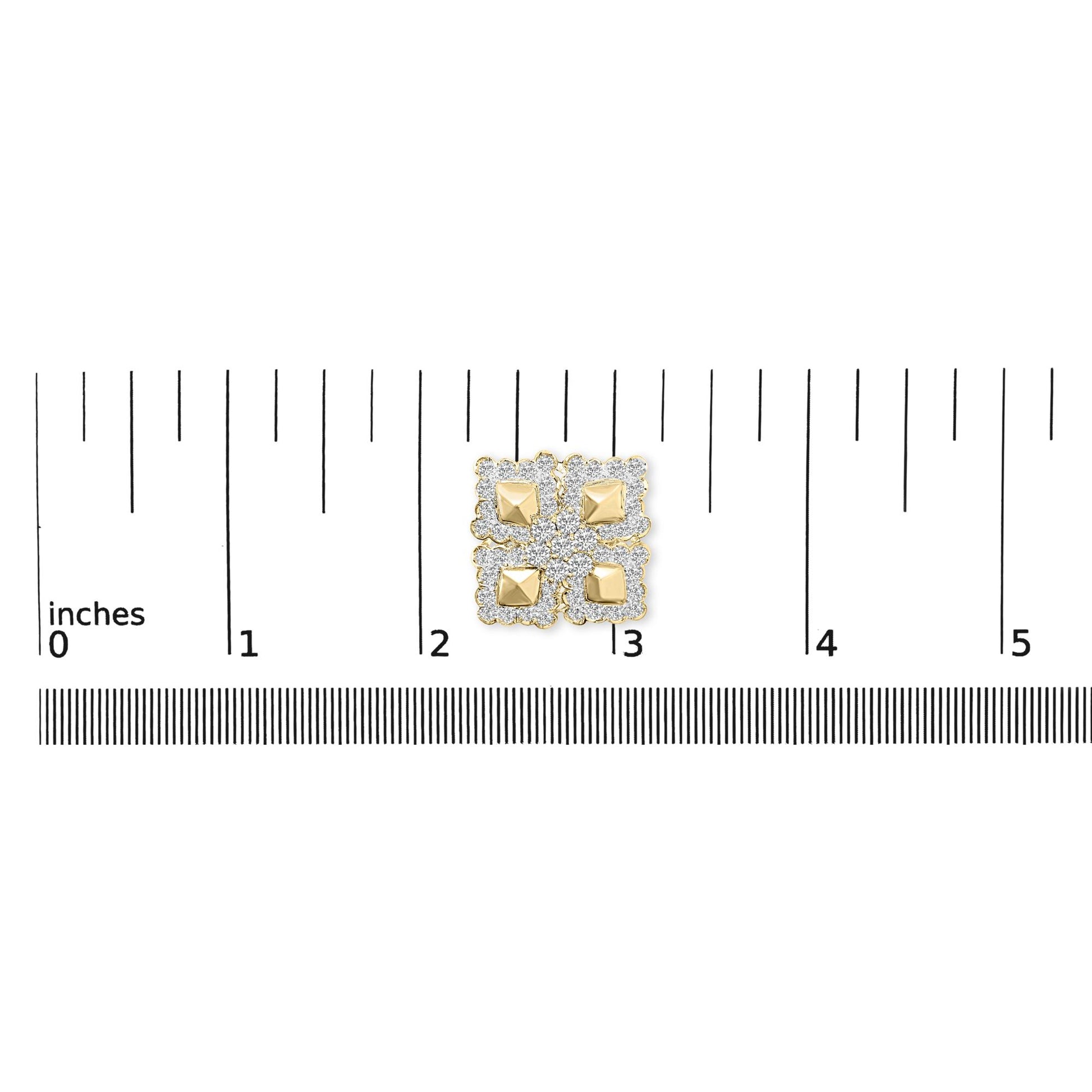 Close-up front angle of yellow metal earrings with a square shape composed of four smaller squares, each accented with prong-set round white gemstones, shown on a scale.