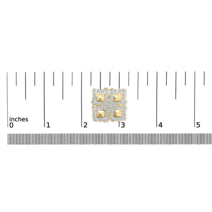 Close-up front angle of yellow metal earrings with a square shape composed of four smaller squares, each accented with prong-set round white gemstones, shown on a scale.