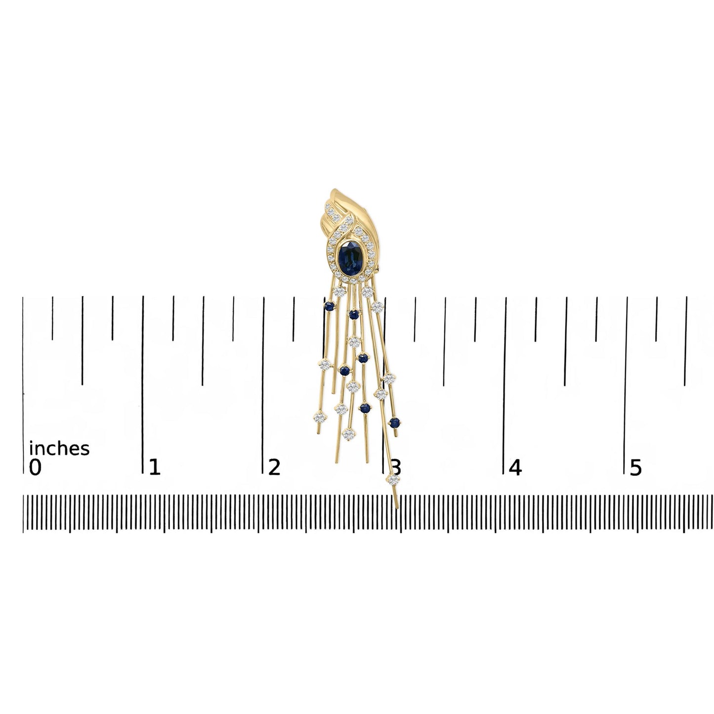 Yellow metal earring with an oval blue gemstone surrounded by white gemstones, featuring multiple dangling strands with alternating blue and white gemstones, shown on a scale from a top front angle.