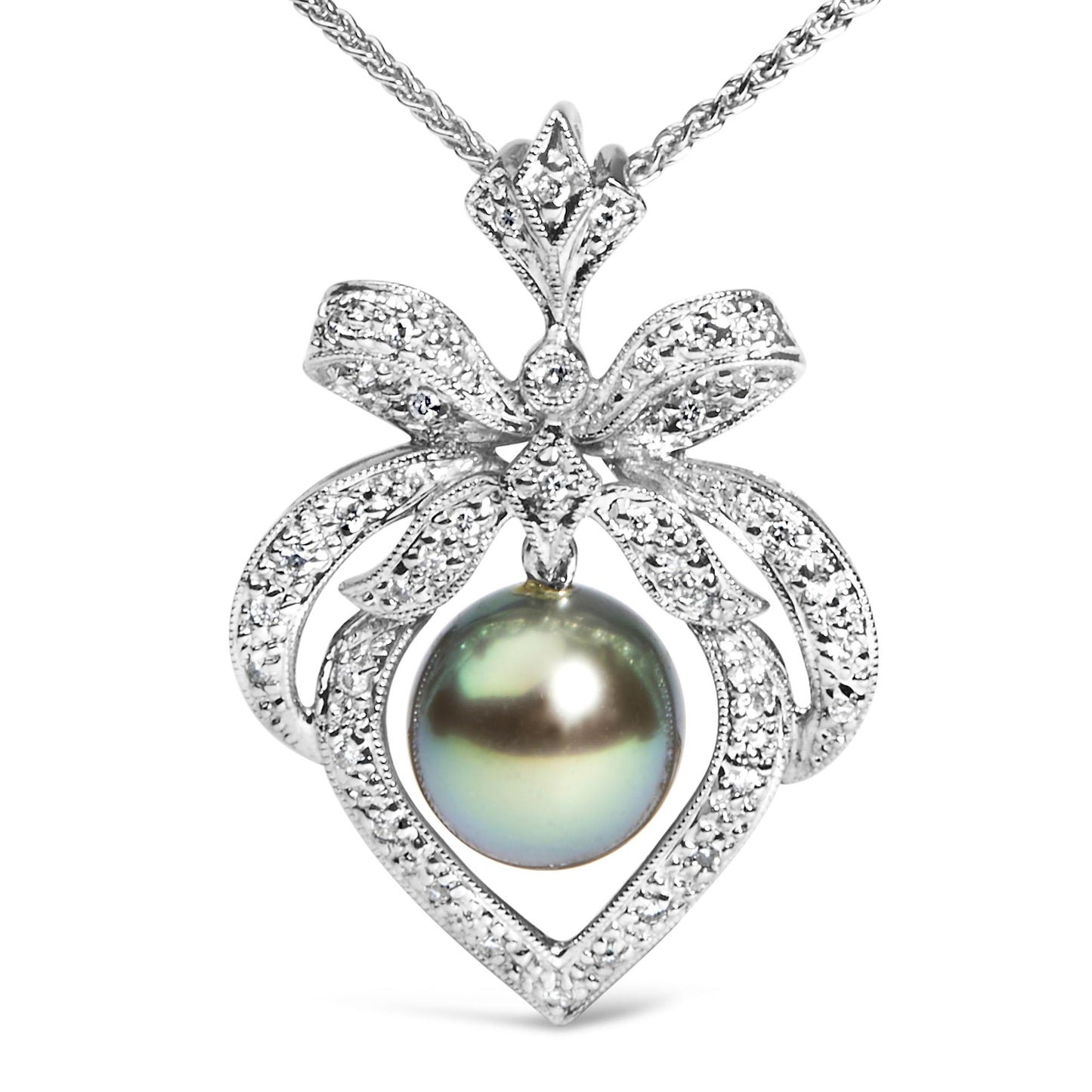 Front view of a white metal necklace pendant with pave-set round white gemstones forming a bow and heart shape, centered with a large iridescent pearl-like gemstone.