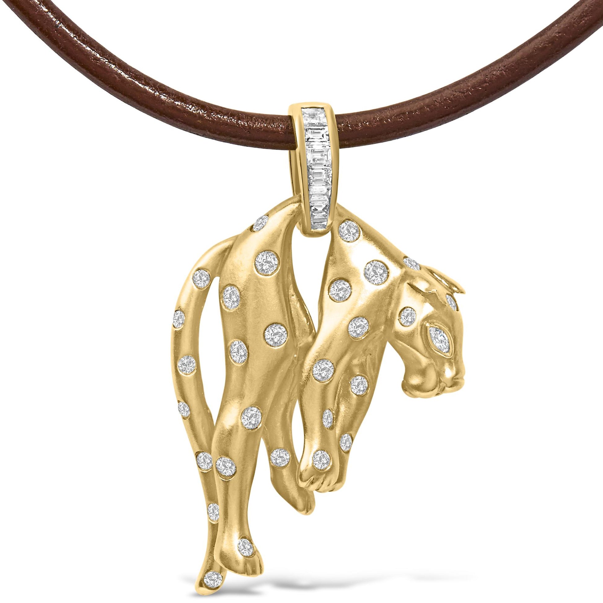 Front angle view of a yellow metal necklace pendant shaped like a panther with white round, marquise, baguette, and princess-shaped gemstones set in bezel and channel settings, hanging from a brown cord.