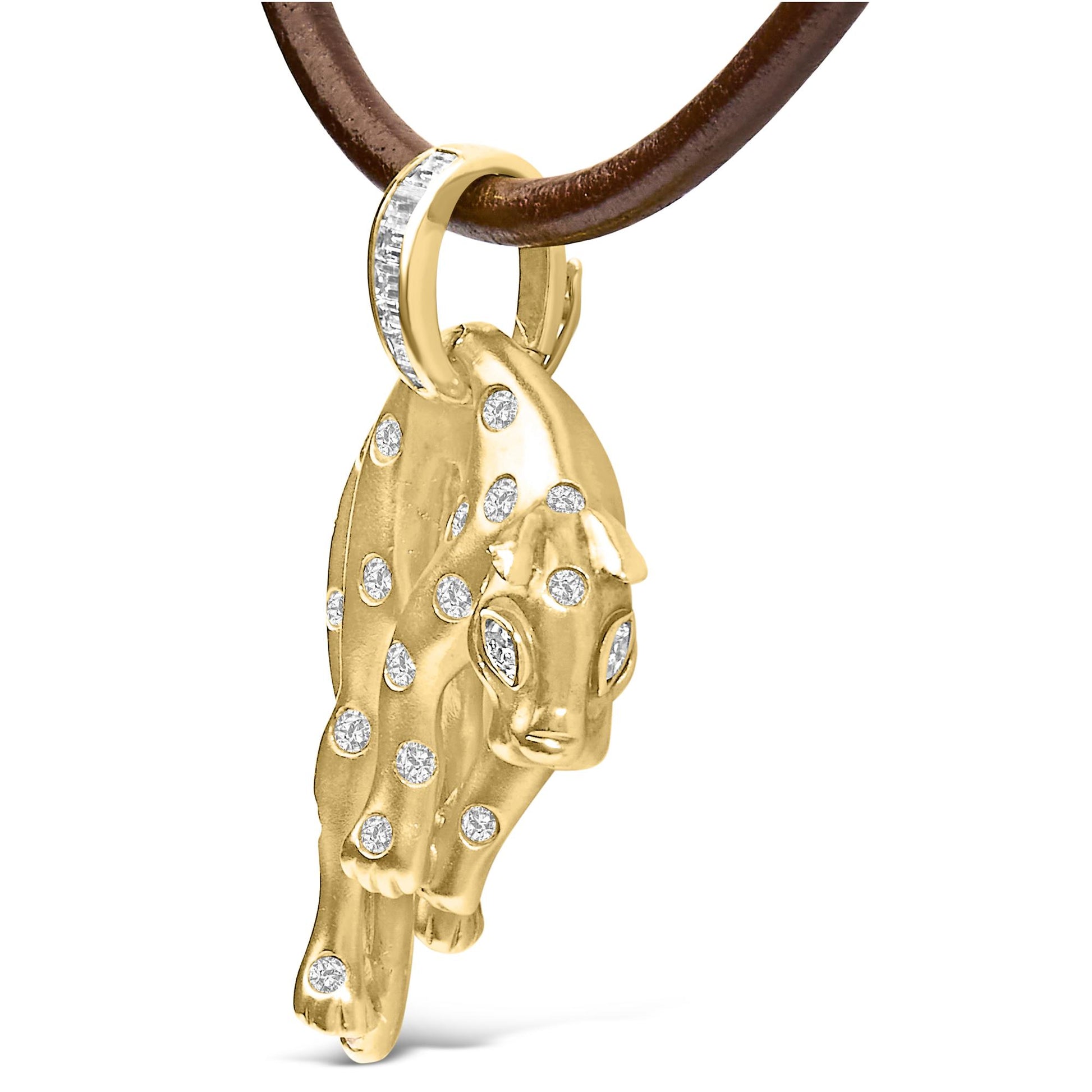 Front angle of yellow metal necklace pendant shaped like a panther with multiple round white gemstones and marquise-shaped white gemstones for eyes, hanging from a brown cord with additional baguette and princess-shaped white gemstones on the bail.