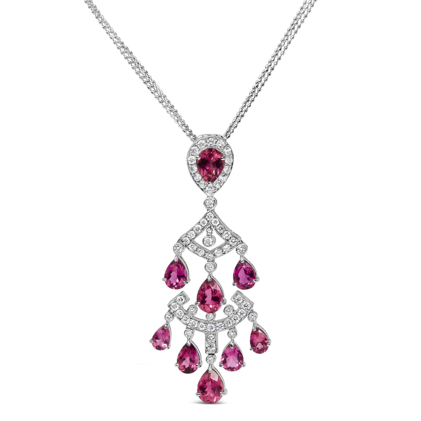 White metal necklace with a pendant featuring pear-shaped pink gemstones and round white gemstones in prong settings, shown from the front.