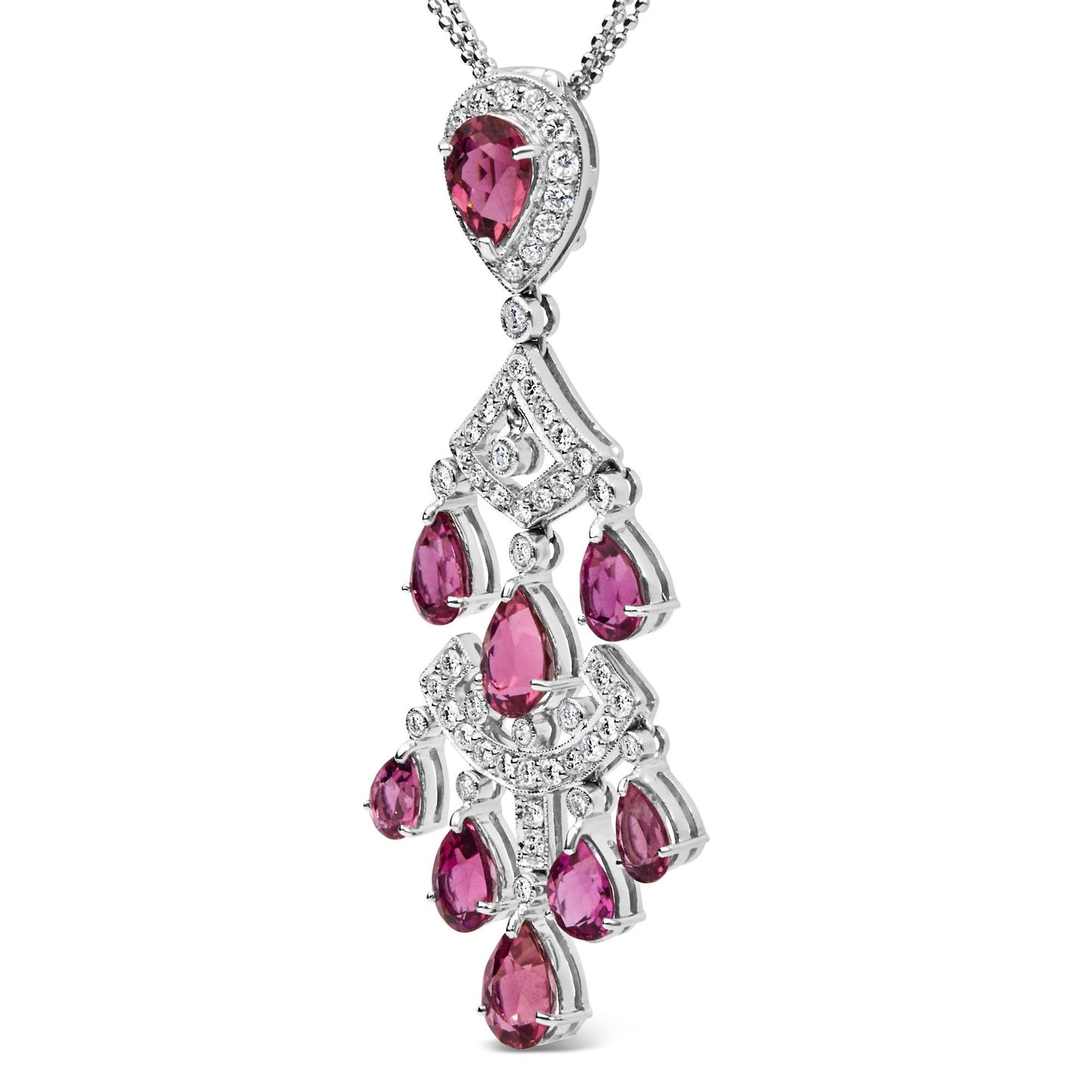 Front angle view of white metal necklace pendant featuring multiple pear-shaped pink gemstones and numerous round white gemstones in prong settings.