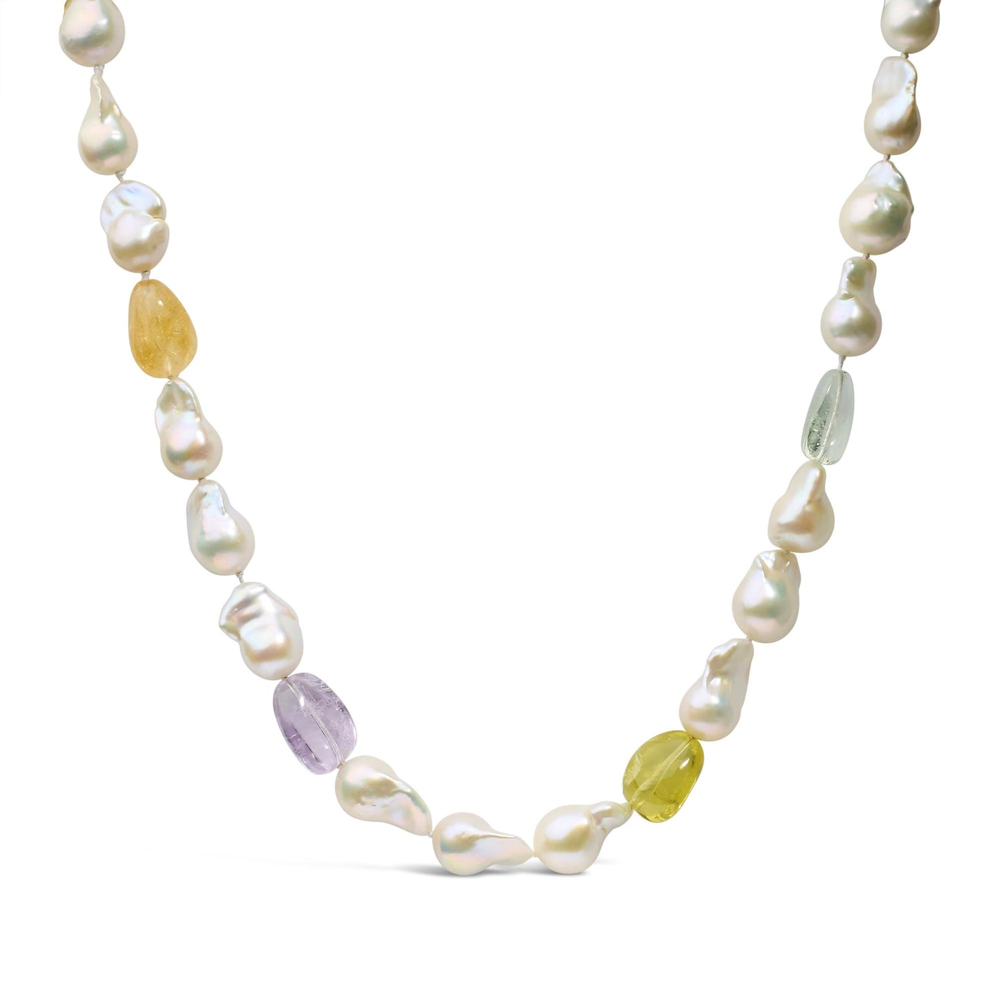 Close-up front view of a yellow metal necklace featuring irregular white pearls and three yellow gemstones with drilled settings.