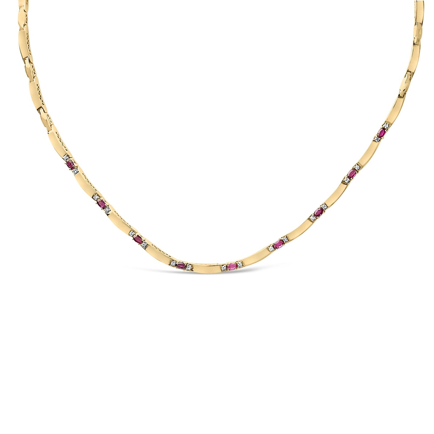 Front-facing close-up of a yellow and white metal necklace featuring alternating oval-shaped red gemstones and round white gemstones set in 4-prong settings along the chain.