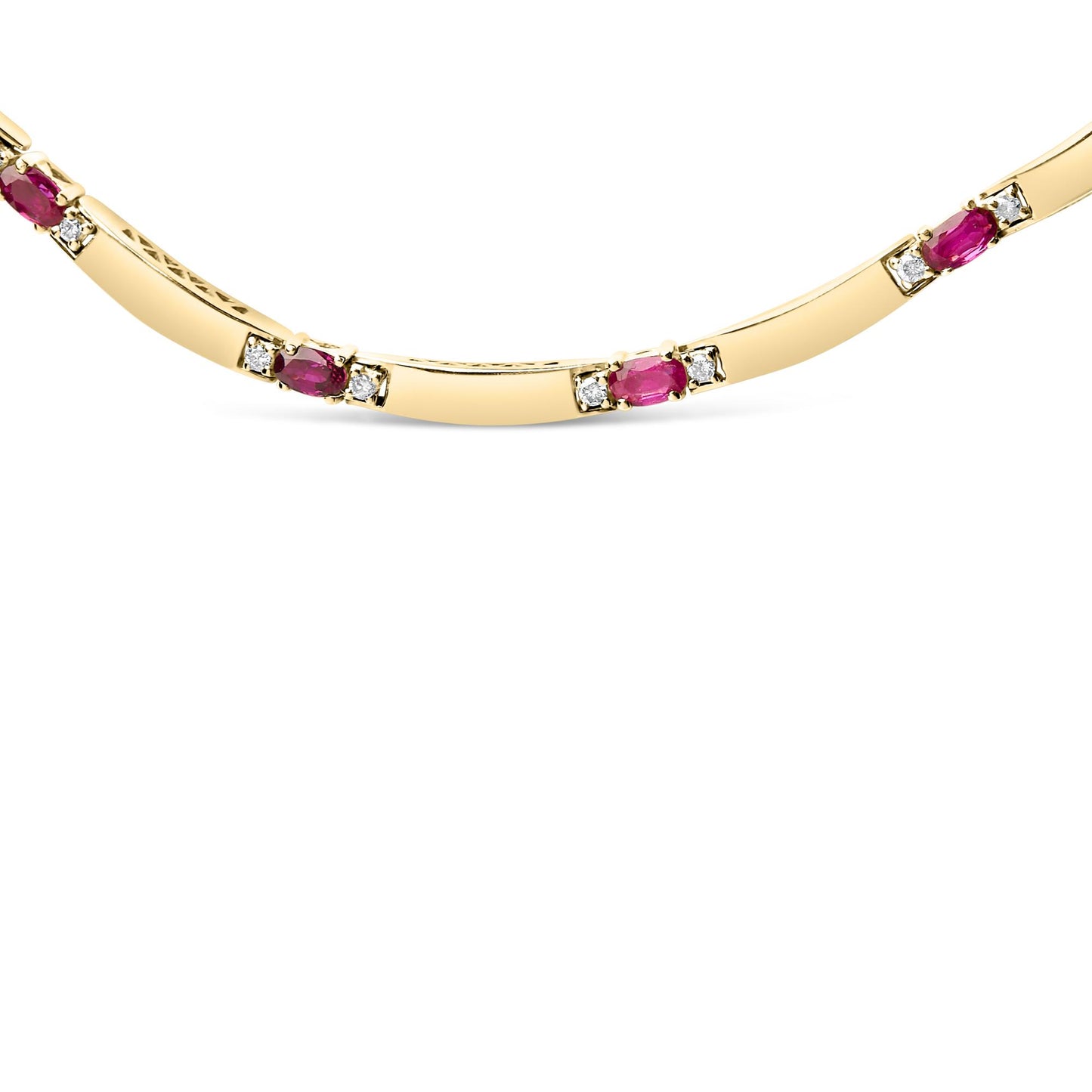 Close-up front view of a yellow and white metal necklace featuring oval-shaped red gemstones and round white gemstones in 4-prong settings.