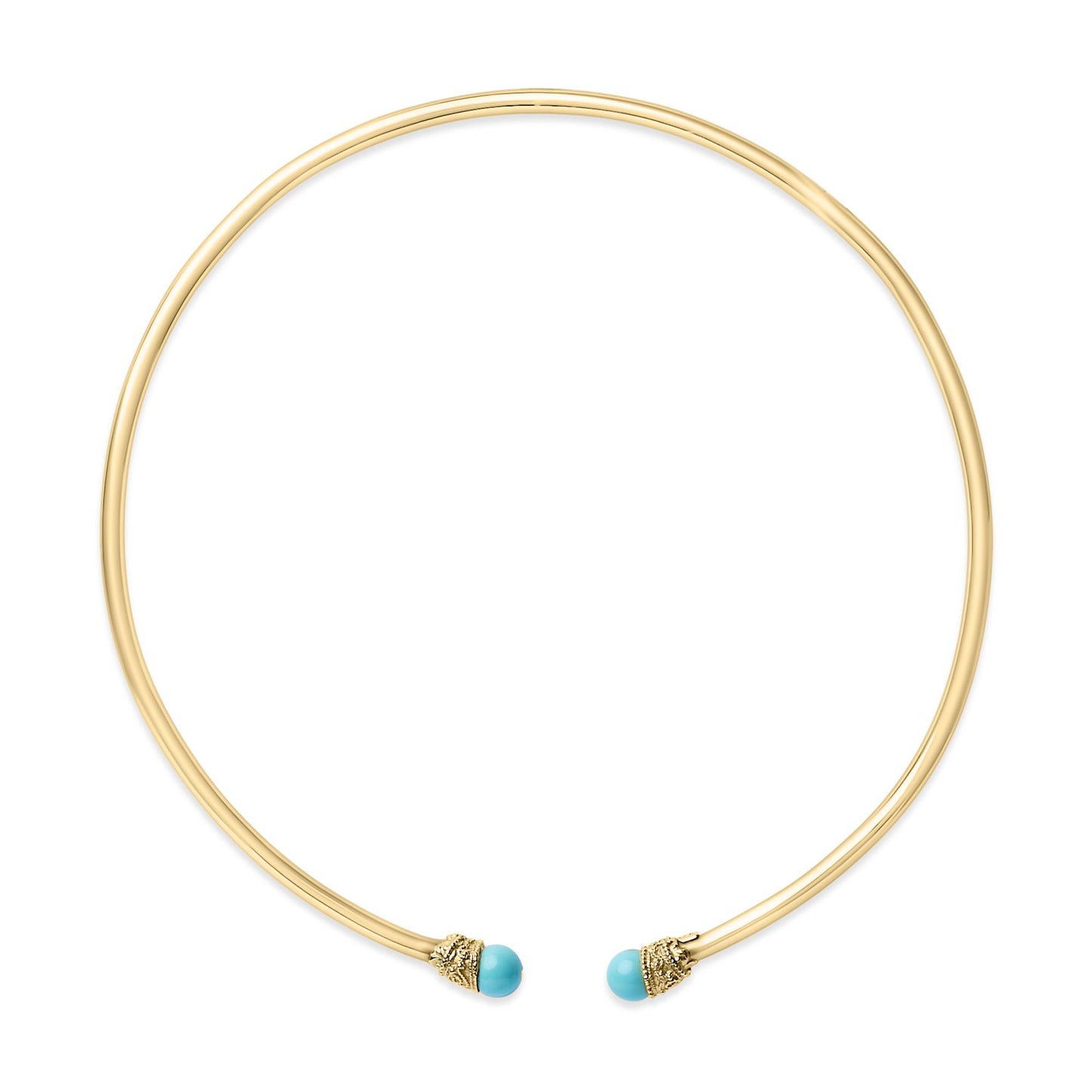 Top-down angled view of an open circular yellow metal necklace with round blue gemstone accents at each end.