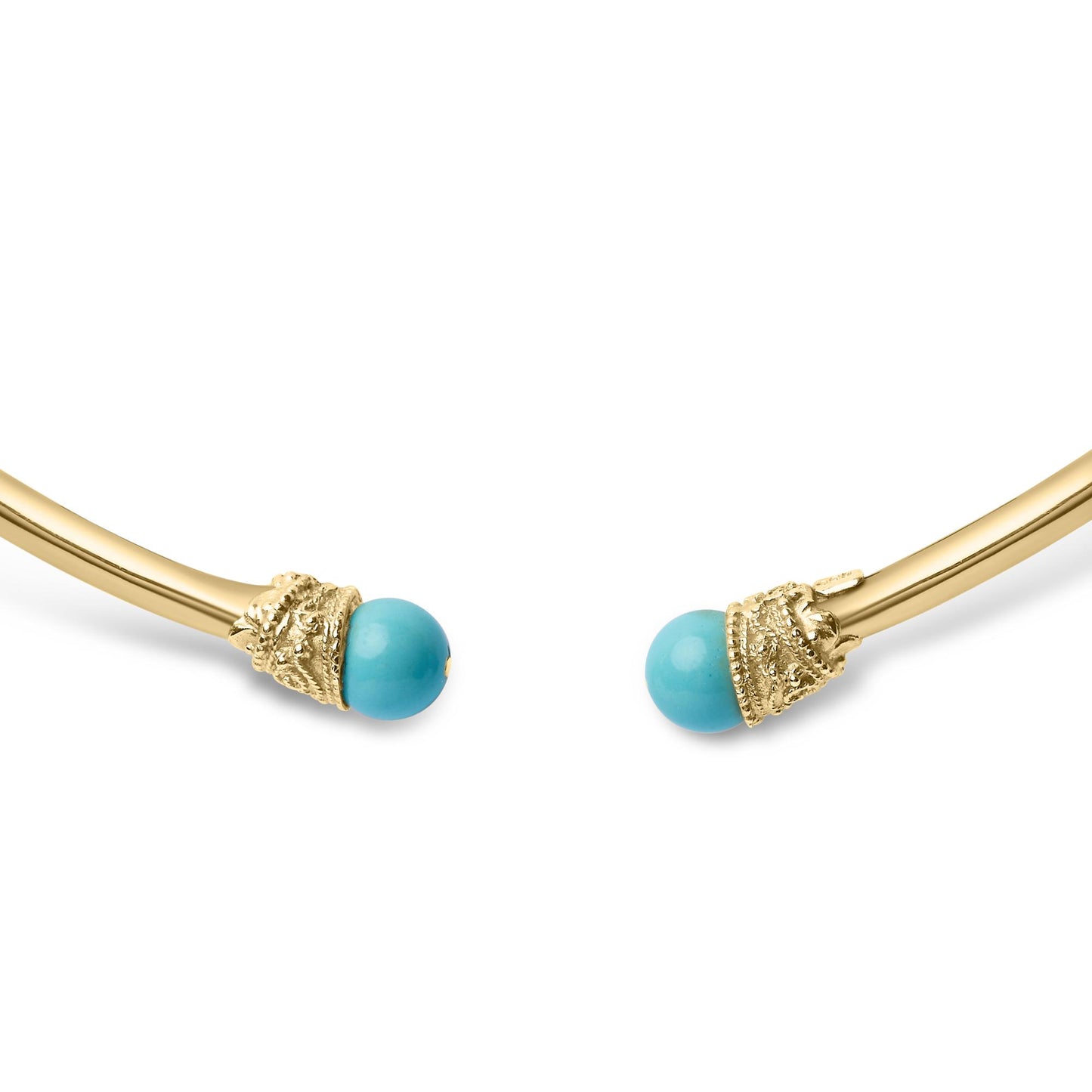 Close-up front angle of an open-ended yellow necklace with two round blue turquoise gemstones set in textured caps at each end.