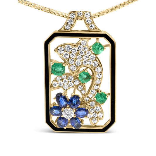 Front-facing shot of a yellow metal brooch with a rectangular black border, adorned with round white gemstones in a pave setting, blue oval-shaped gemstones forming a flower, and green cushion-shaped gemstones in a prong setting.